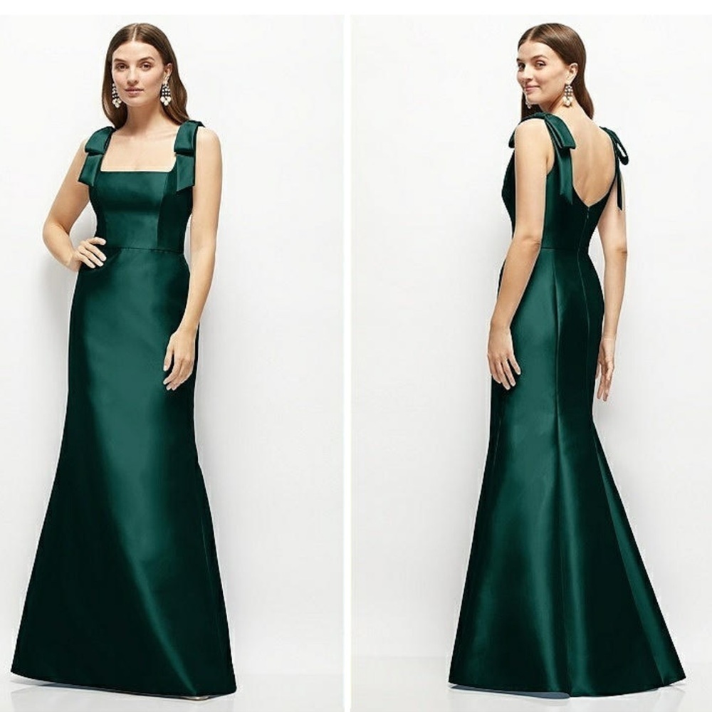 NWT Alfred Sung Winslet Satin Fit & Flare Maxi Dress Shoulder Bows Size 14 D868 - Picture 4 of 13